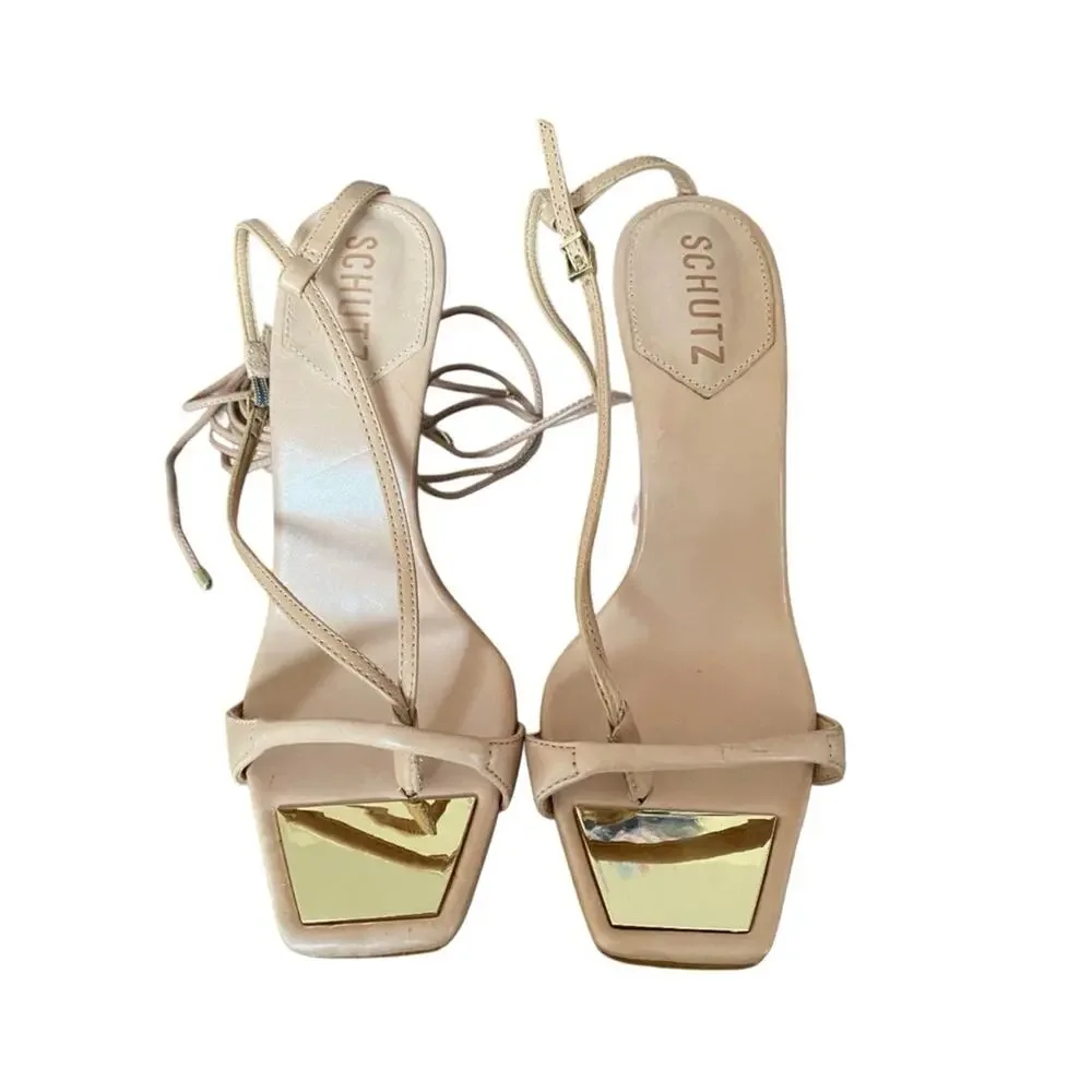 Schutz NWOB Vikki Leather Lace-Up Strappy High Heel Sandals in Nude size 8